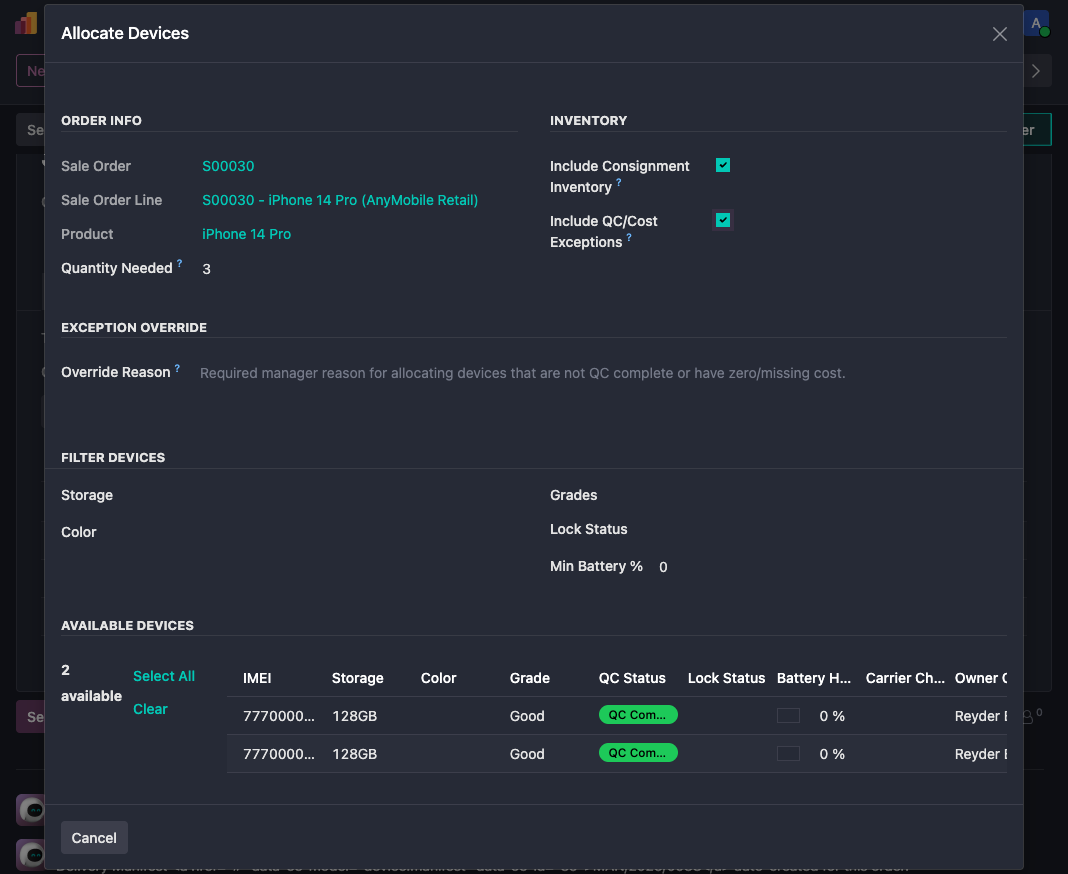 Allocate Devices wizard with exception override