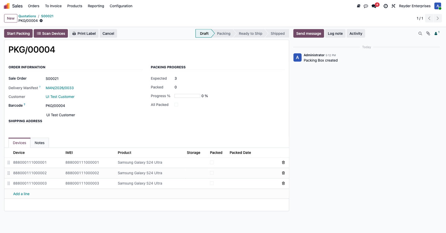 Packing box form actions