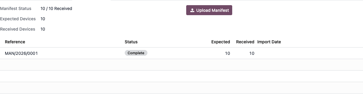Manifests tab on a purchase order