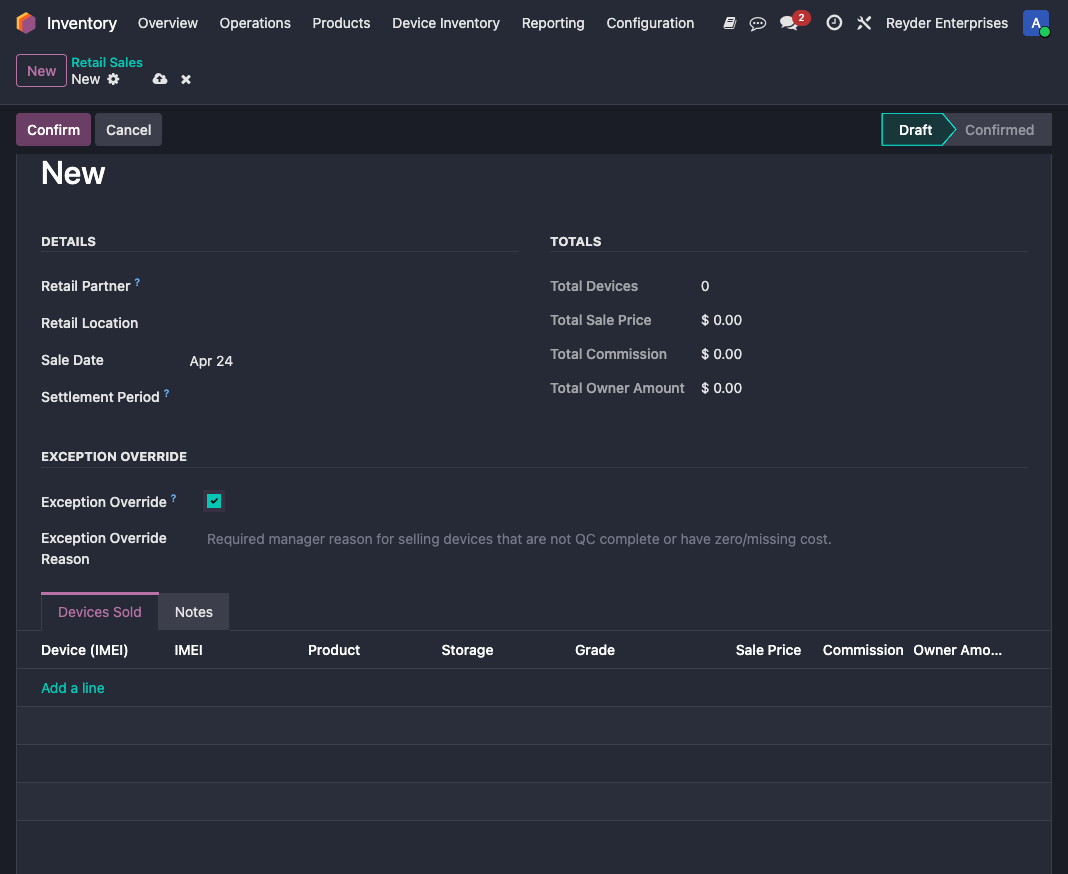 Retail sale form with exception override