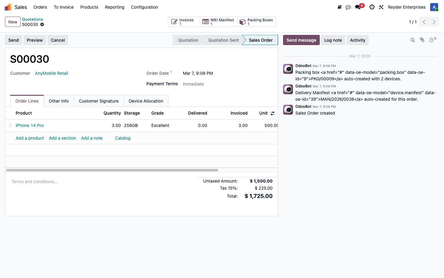 Confirmed sales order with smart buttons