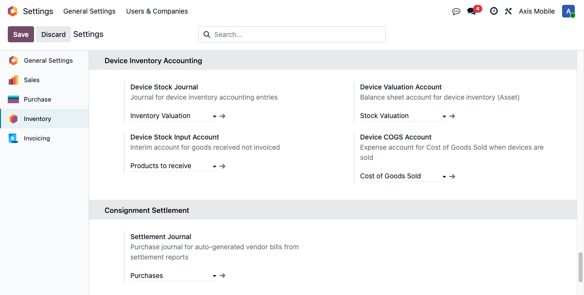 Device Inventory Accounting Settings