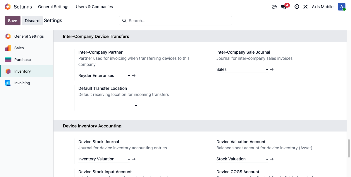 Settings - Inter-Company Transfers