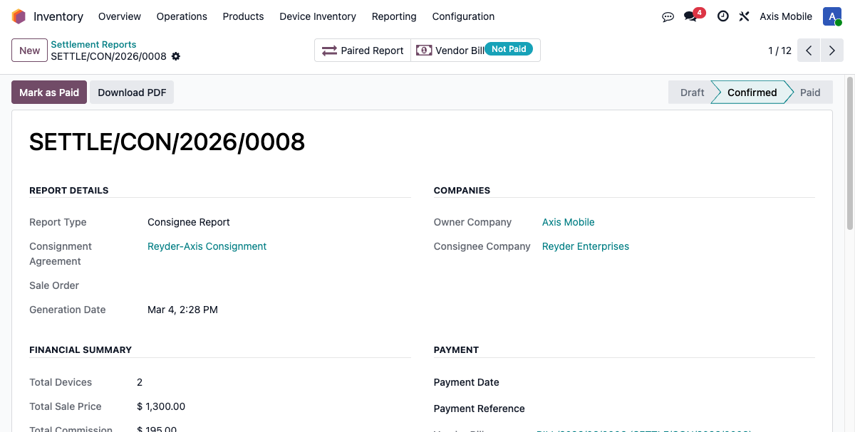 Settlement Report Form